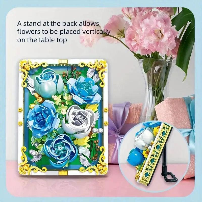  MOC 651PCS Preserved Flower Photo Frame Building Blocks Blue White Rose 3D Puzzle Toy -  ToylandEU™