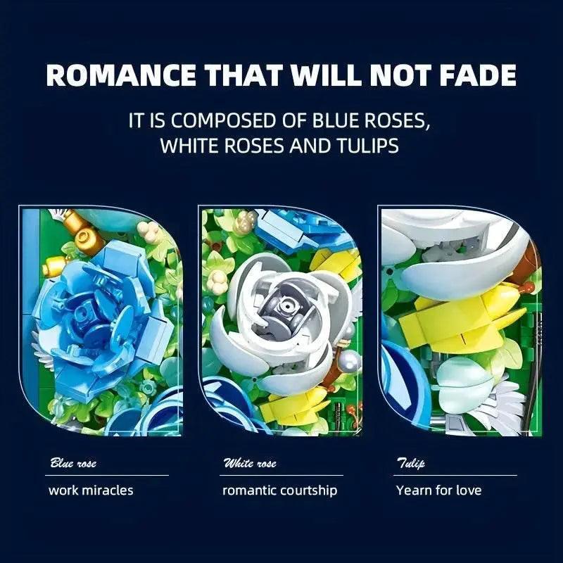  MOC 651PCS Preserved Flower Photo Frame Building Blocks Blue White Rose 3D Puzzle Toy -  ToylandEU™