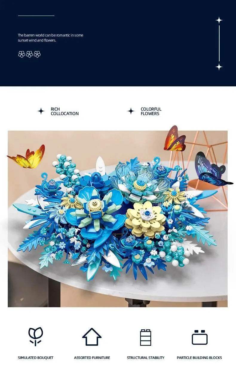 917PCS Preserved Flower Bouquet Building Blocks Fantasy Blue Flowers Assembly Model Bricks Toy Creative Home Decor Gift - ToylandEU