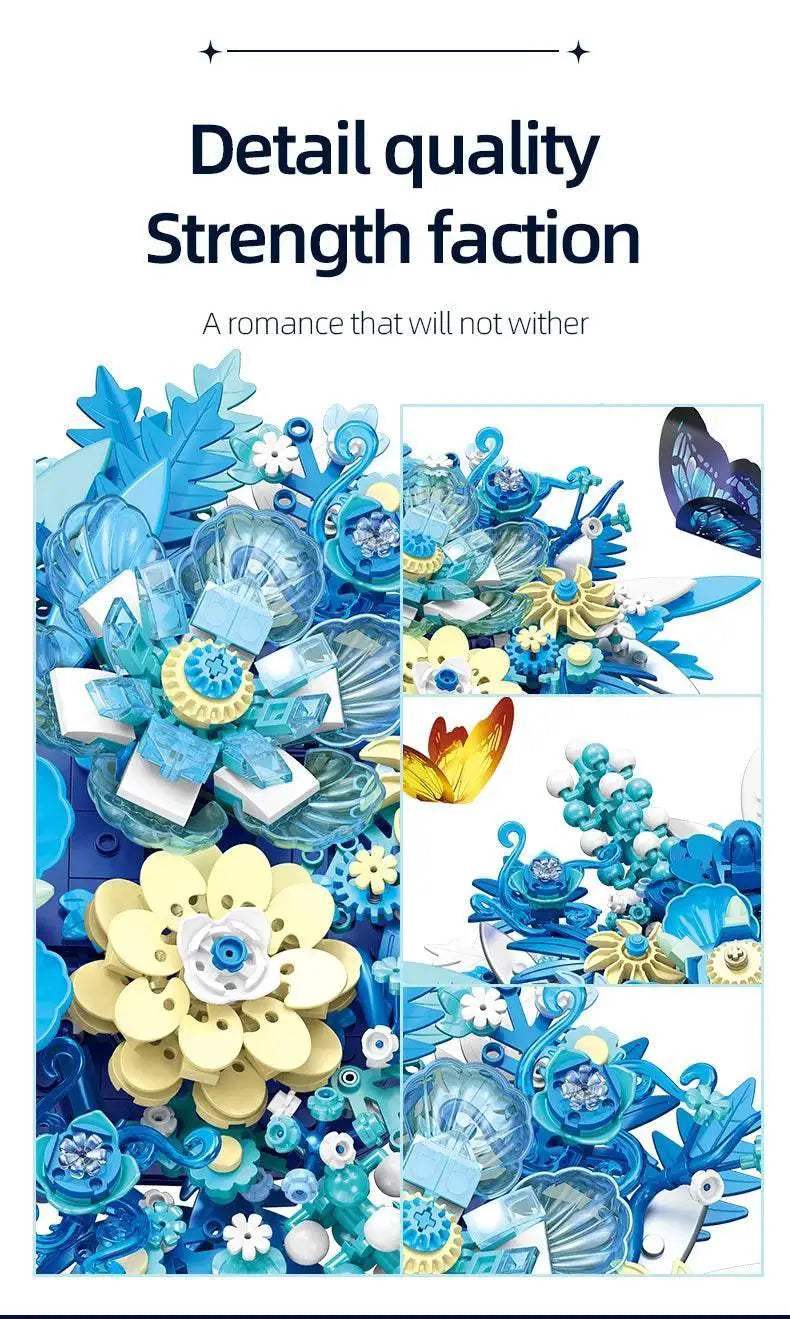 917PCS Preserved Flower Bouquet Building Blocks Fantasy Blue Flowers Assembly Model Bricks Toy Creative Home Decor Gift - ToylandEU