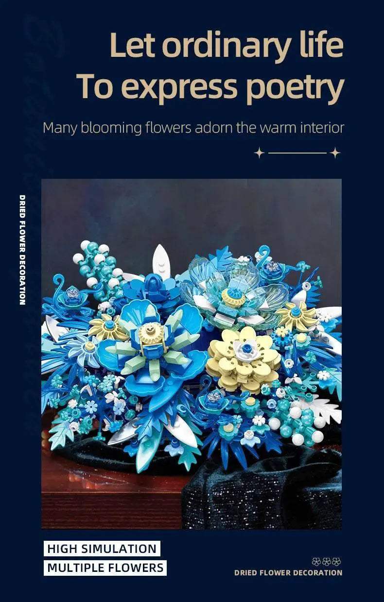 917PCS Preserved Flower Bouquet Building Blocks Fantasy Blue Flowers Assembly Model Bricks Toy Creative Home Decor Gift - ToylandEU