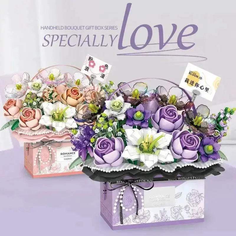 Creative Pink Rose Basket Bouquet Building Blocks Gift Box - ToylandEU