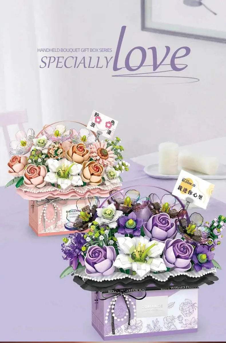 Creative Pink Rose Basket Bouquet Building Blocks Gift Box - ToylandEU