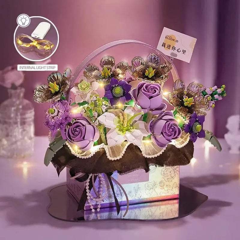 Creative Pink Rose Basket Bouquet Building Blocks Gift Box - ToylandEU