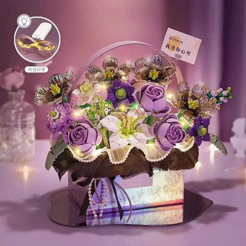 Creative Pink Rose Basket Bouquet Building Blocks Gift Box - ToylandEU