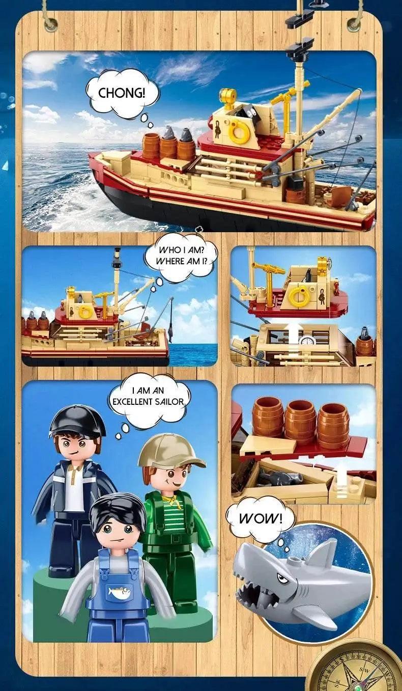  MOC Fishing Boat Trawler Great White Shark Building Blocks Set -  ToylandEU™
