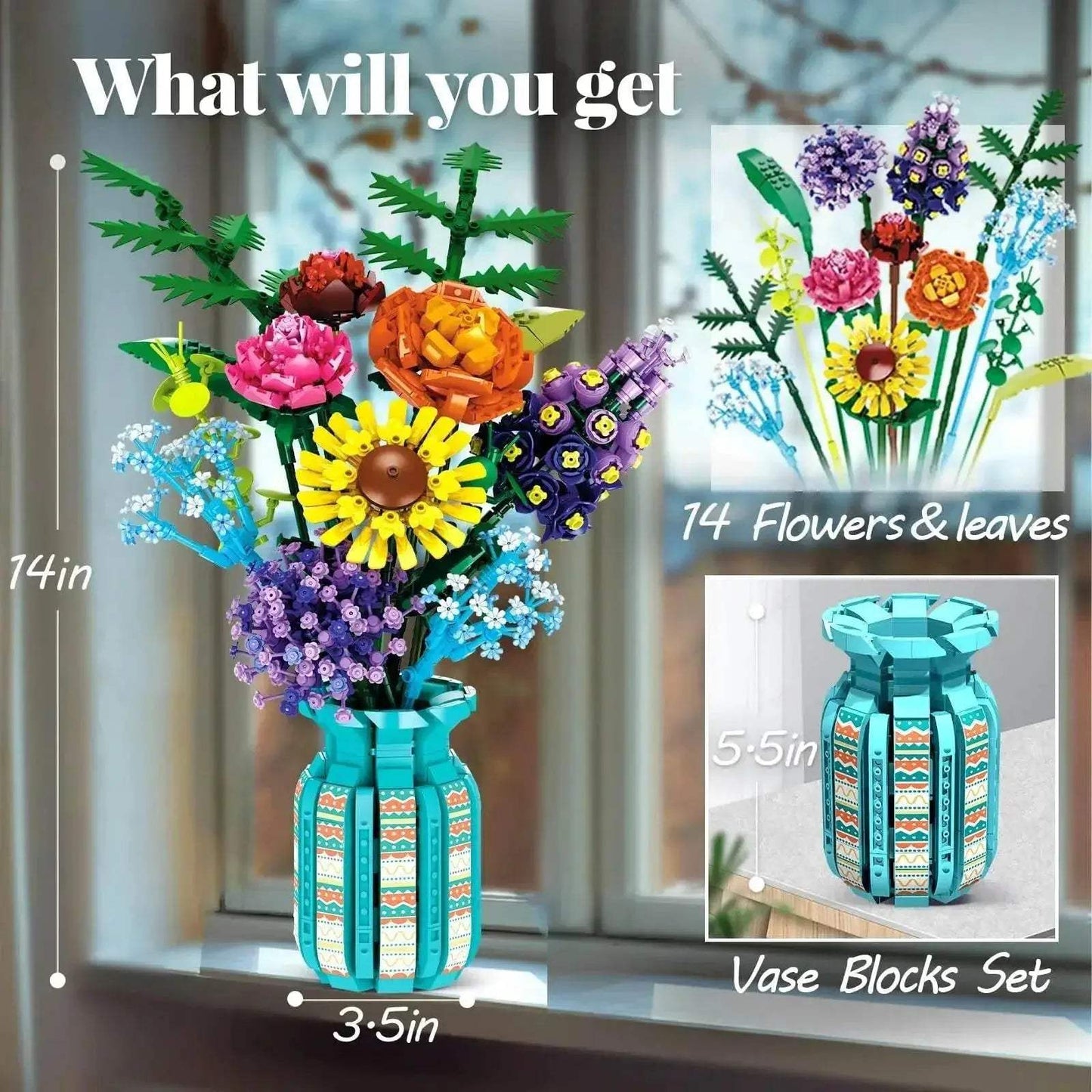 Flowers Bouquet Building Blocks Set With Vase Sunflower Rose - ToylandEU