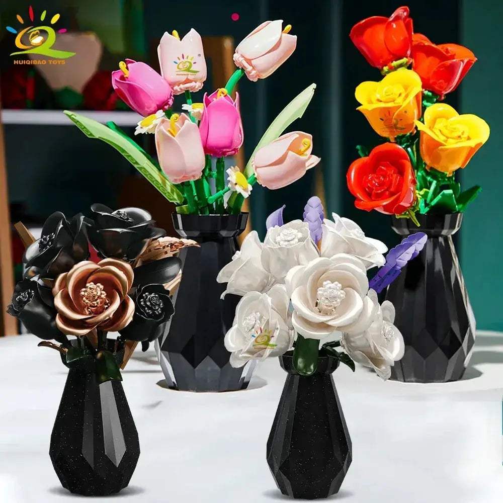 MOC Huiqibao 3D Flower Building Blocks Rose Tulip Bouquet Home Decor Gift - ToylandEU