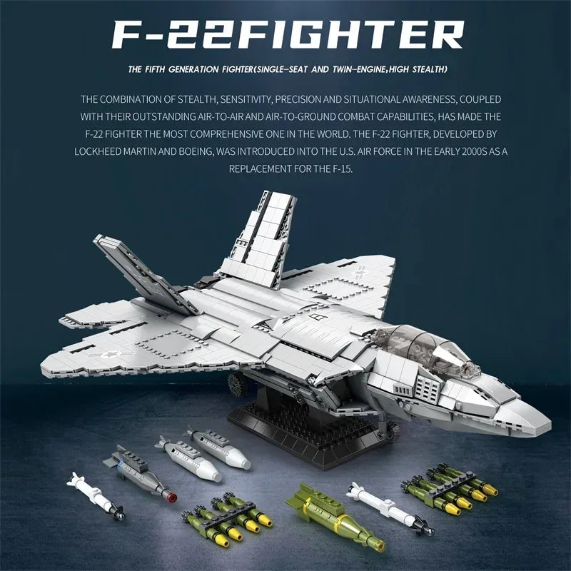 Premium Building Blocks F22 Stealth Fighter Model Kit 1729 Pieces For Kids And Air Force Enthusiasts - ToylandEU