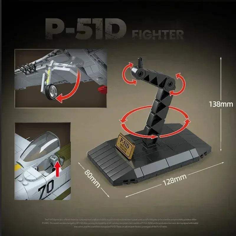 Premium Building Blocks P51D Fighter Kit 580 Piece World War II Aircraft Model for Kids and Aviation Enthusiasts - ToylandEU