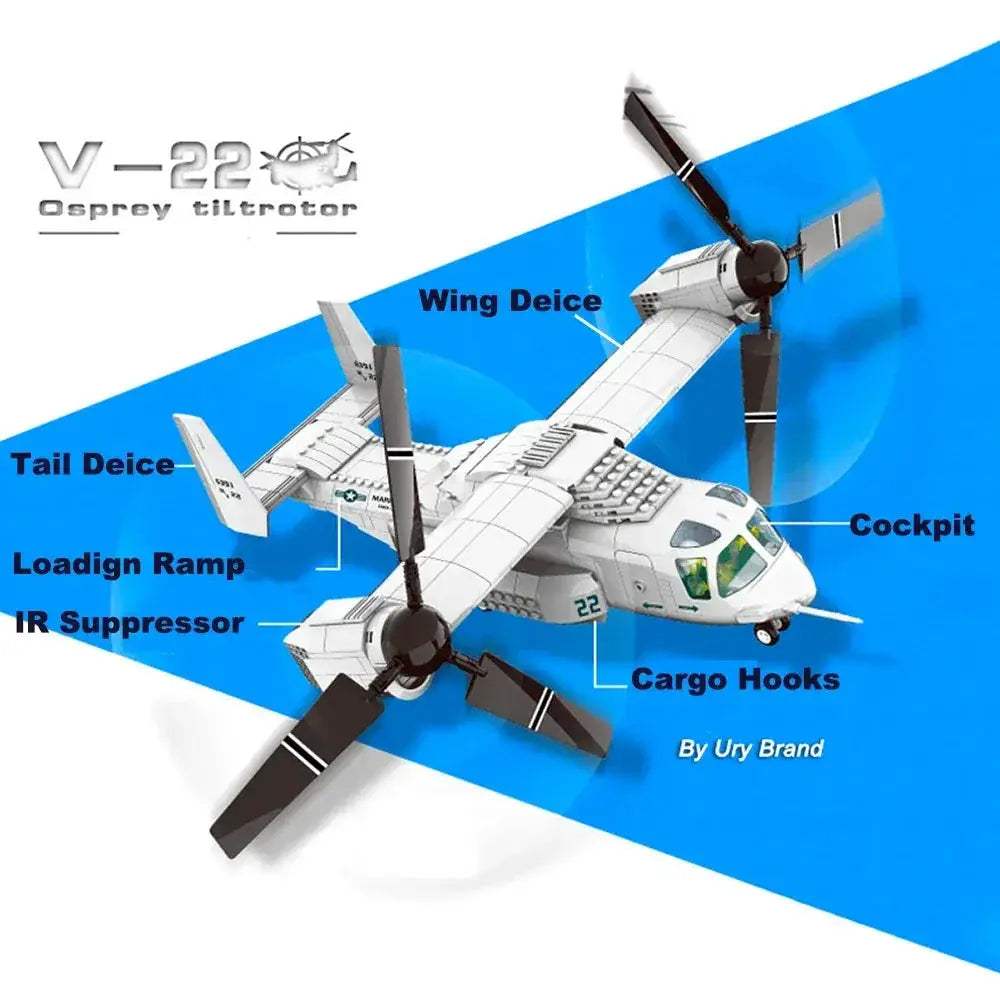 Premium Building Blocks Set V 22 Osprey Tiltrotor Aircraft Model For Boys Educational Realistic 3D Build - ToylandEU