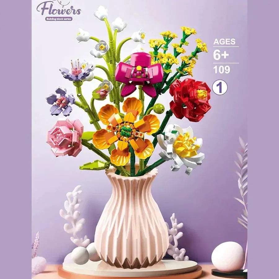 Premium Everlasting Flower Bouquet Building Blocks Set With Random Color Vase For Kids And Gifts - ToylandEU