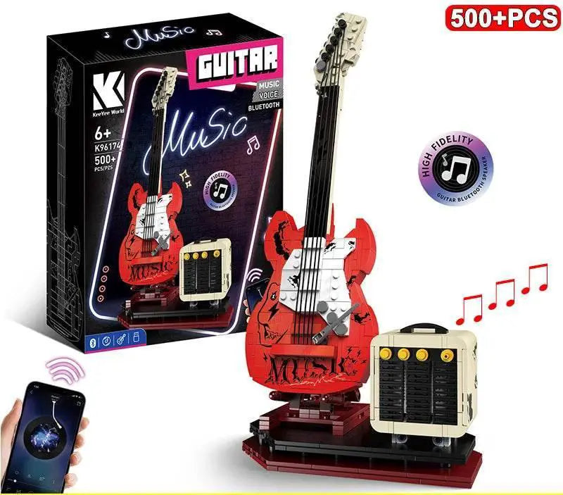 Toy guitar set with packaging, including a smartphone app icon and free shipping text.