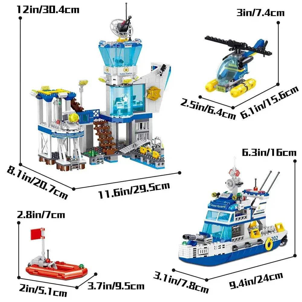 Premium Lego Compatible City Ocean Police Station Building Blocks Set With Helicopter And Search Boat For Kids - ToylandEU