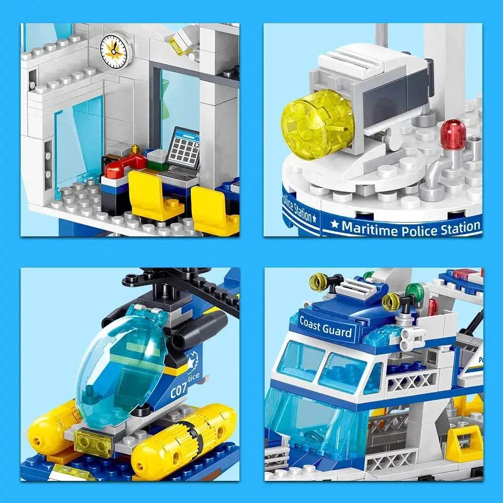 Premium Lego Compatible City Ocean Police Station Building Blocks Set With Helicopter And Search Boat For Kids - ToylandEU