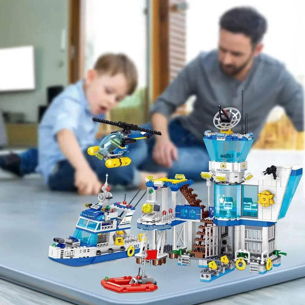 Premium Lego Compatible City Ocean Police Station Building Blocks Set With Helicopter And Search Boat For Kids - ToylandEU