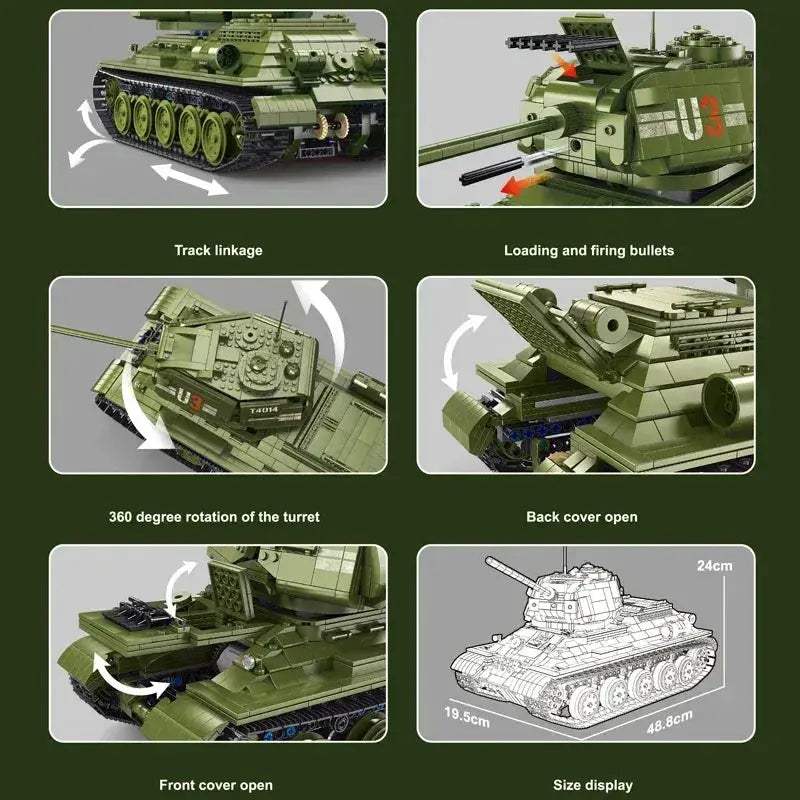 MOC Remote Control T34 Tank Building Blocks 2052 Piece Model - ToylandEU