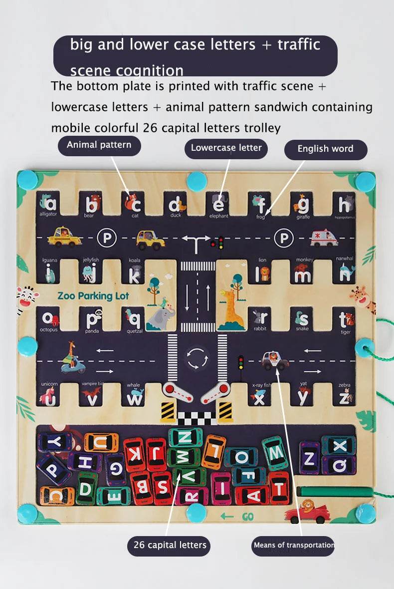 Children Magnetic English Letters Find Car Parking Maze Learning Education Toys Color Matching Montessori Wooden Toys - ToylandEU