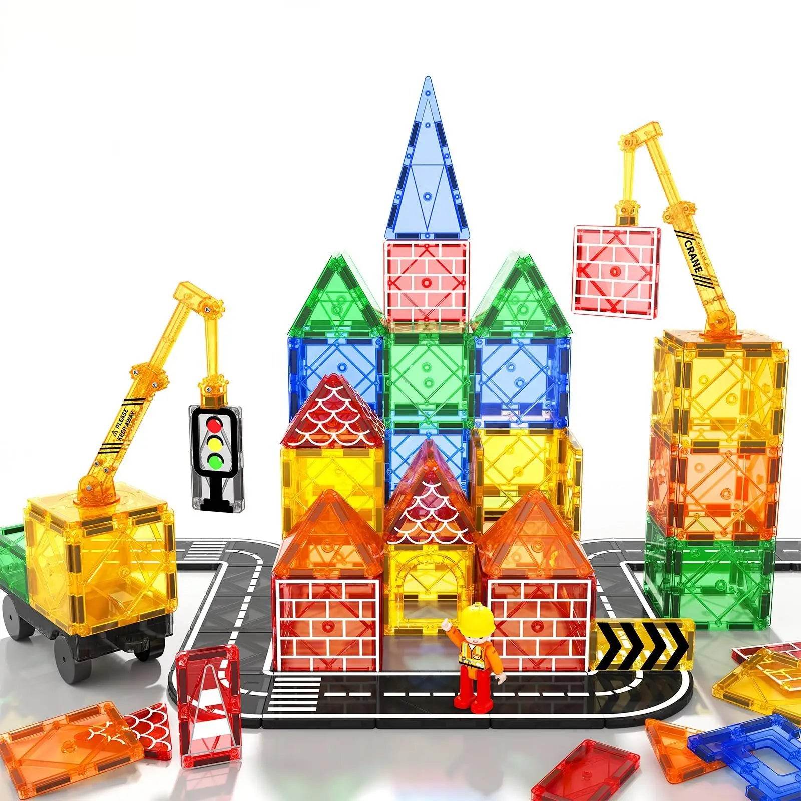 Magnetic Tiles Road Set with Magnet Crane Car Toys - ToylandEU