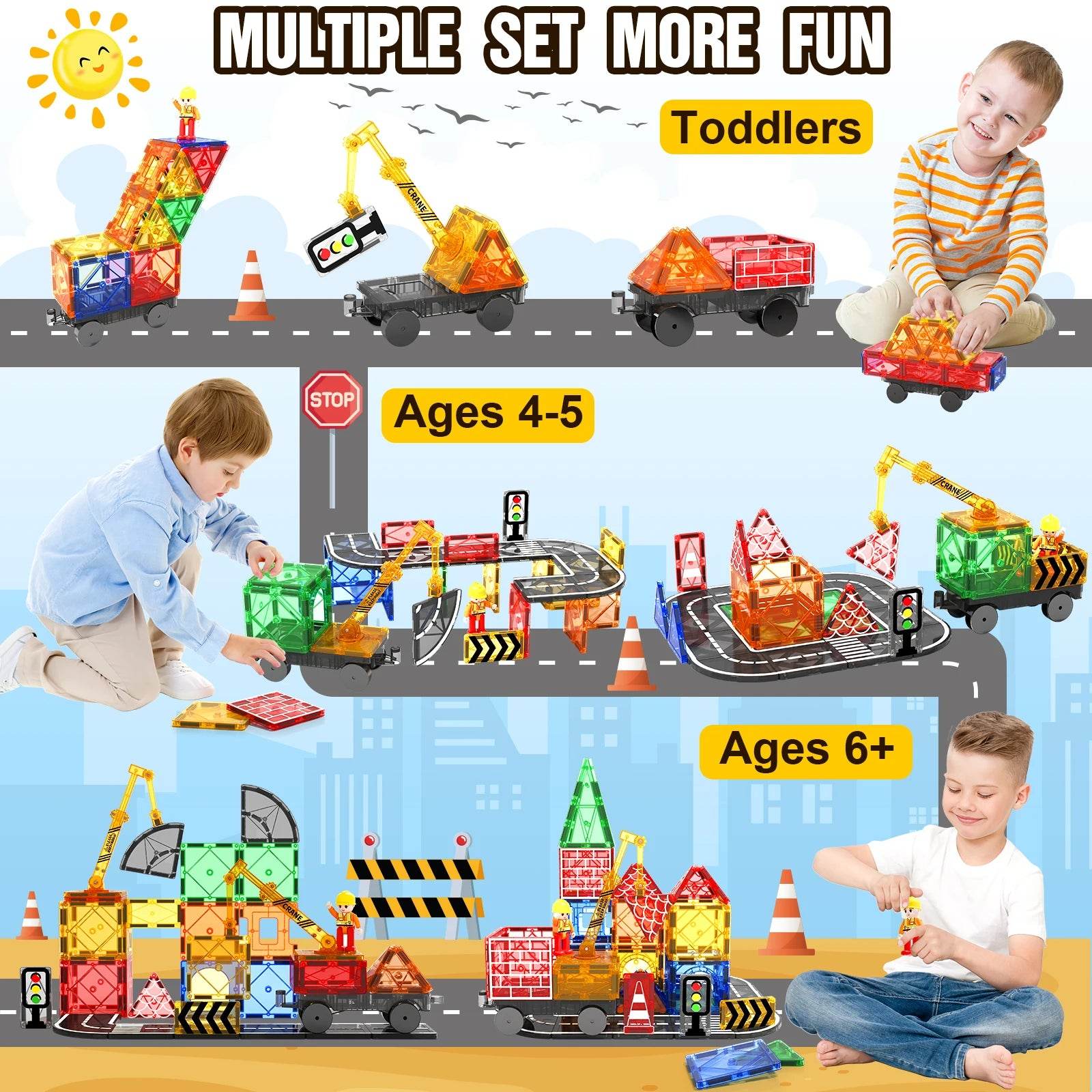 Magnetic Tiles Road Set with Magnet Crane Car Toys - ToylandEU