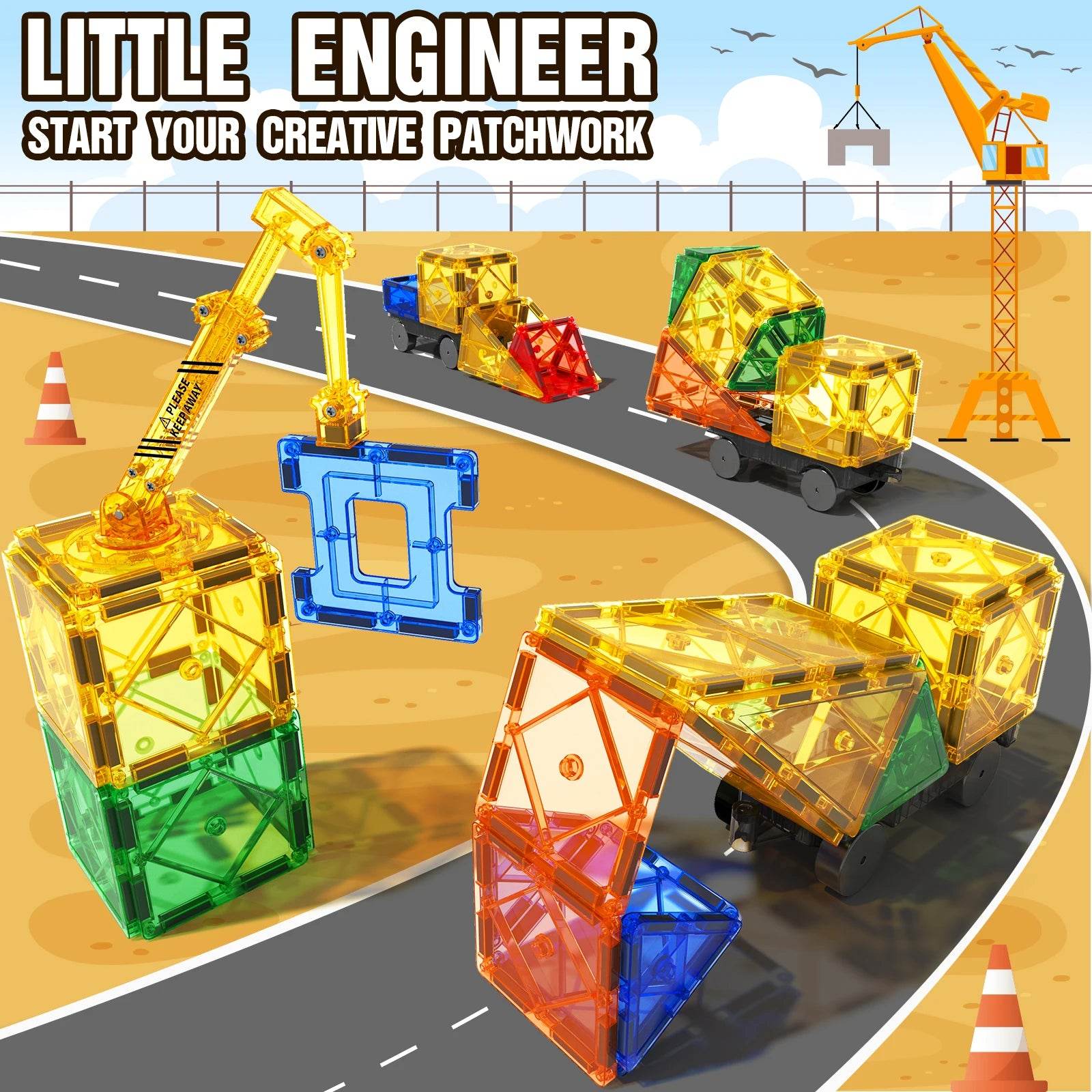 Magnetic Tiles Road Set with Magnet Crane Car Toys - ToylandEU