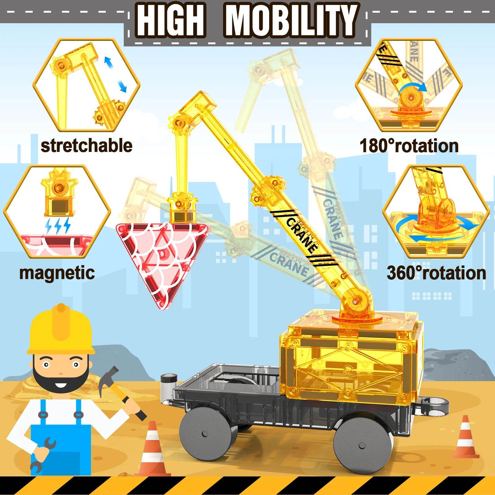 Magnetic Tiles Road Set with Magnet Crane Car Toys - ToylandEU