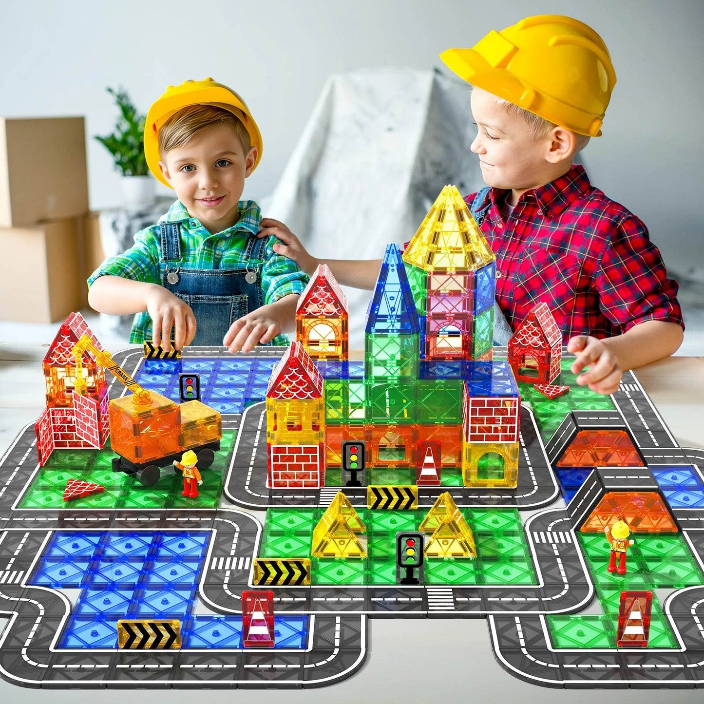 Magnetic Tiles Road Set with Magnet Crane Car Toys - ToylandEU