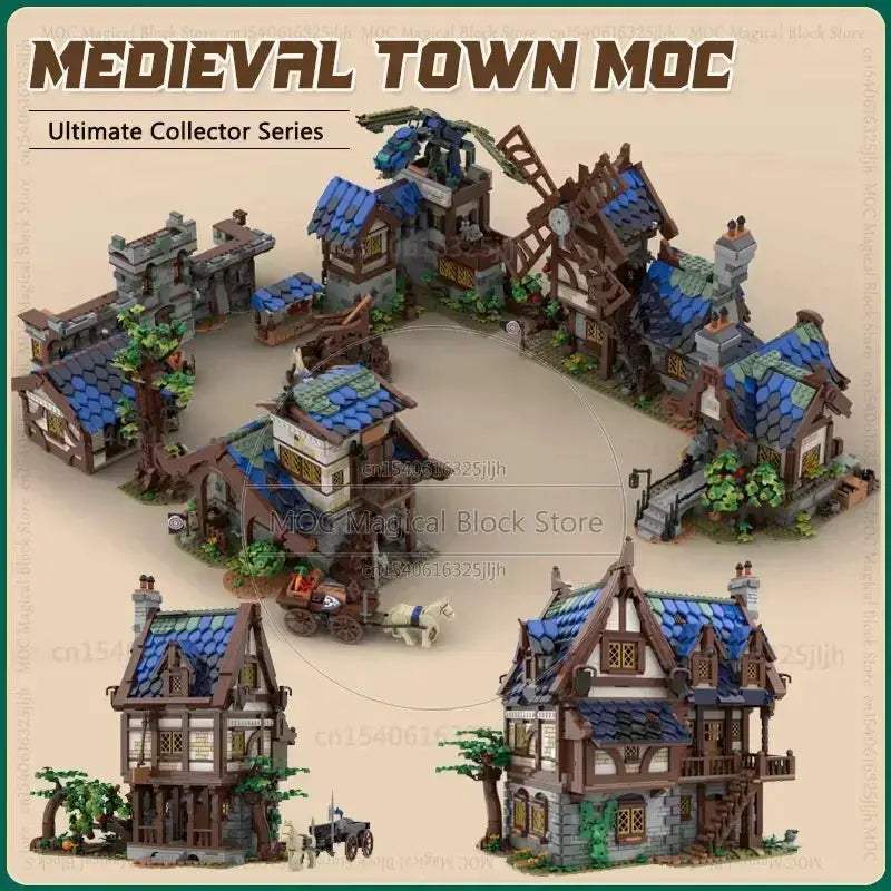 Medieval Town Building Blocks Set With Watermill Display Model - ToylandEU
