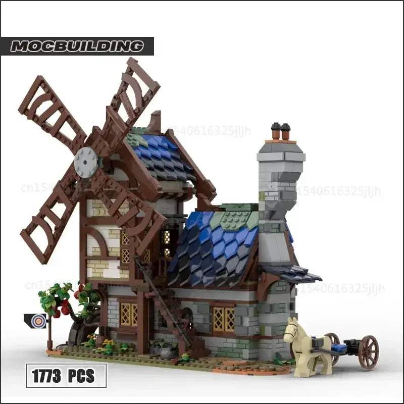 Medieval Town Building Blocks Set With Watermill Display Model - ToylandEU