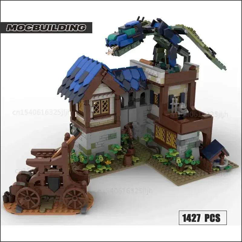 Medieval Town Building Blocks Set With Watermill Display Model - ToylandEU
