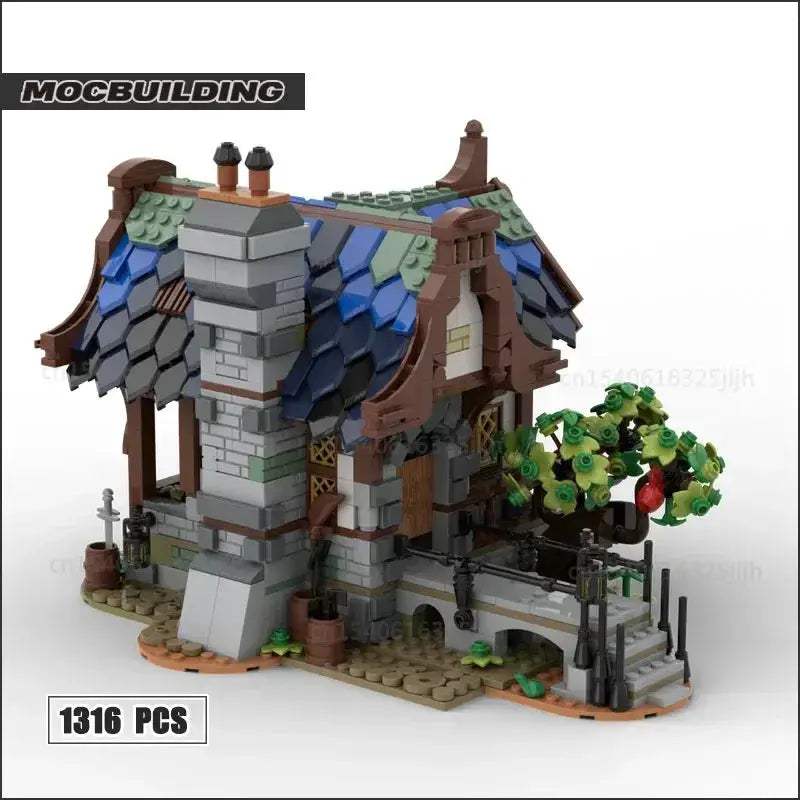 Medieval Town Building Blocks Set With Watermill Display Model - ToylandEU
