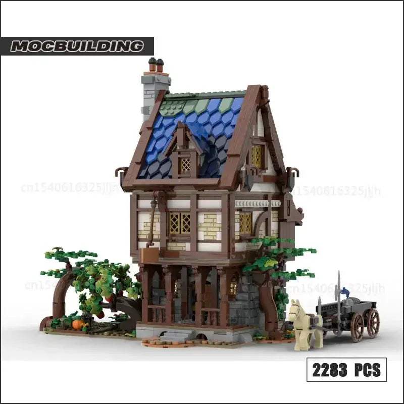 Medieval Town Building Blocks Set With Watermill Display Model - ToylandEU