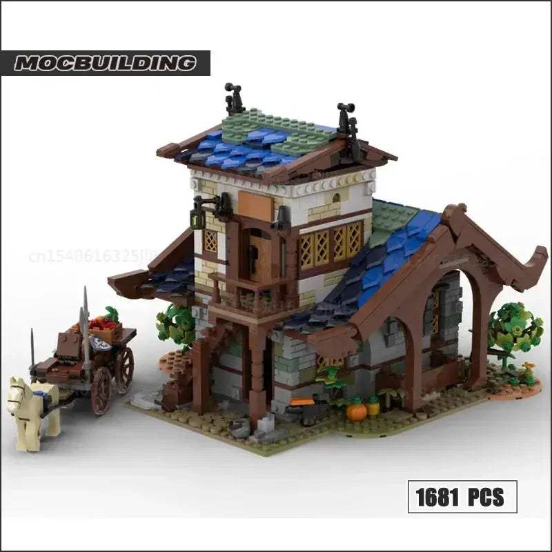 Medieval Town Building Blocks Set With Watermill Display Model - ToylandEU
