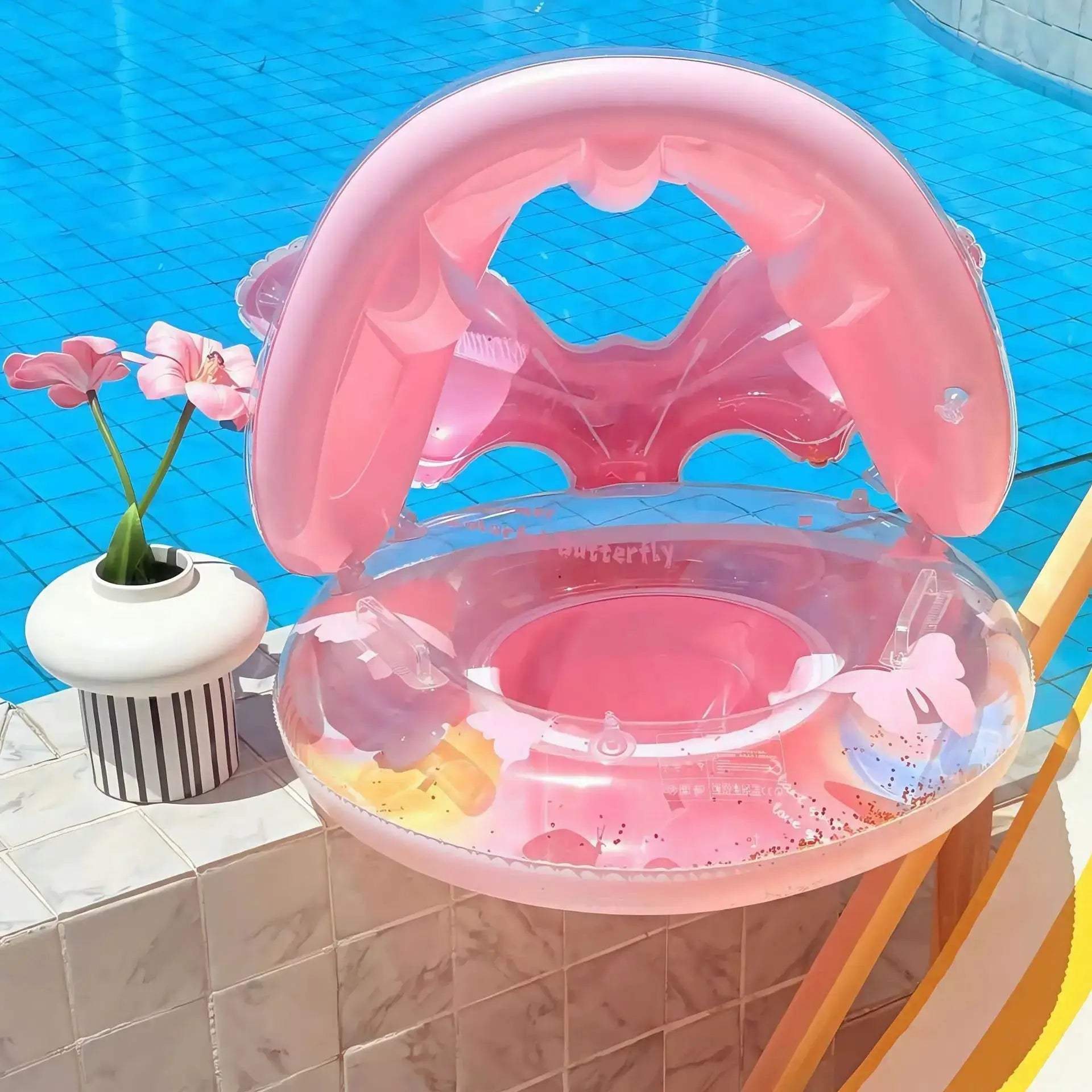 2026 INS Viral Kids Swimming Ring Sequin Petal Mermaid Armpit Seat Float With Sunshade For Baby Toddler Pool Water Play - ToylandEU