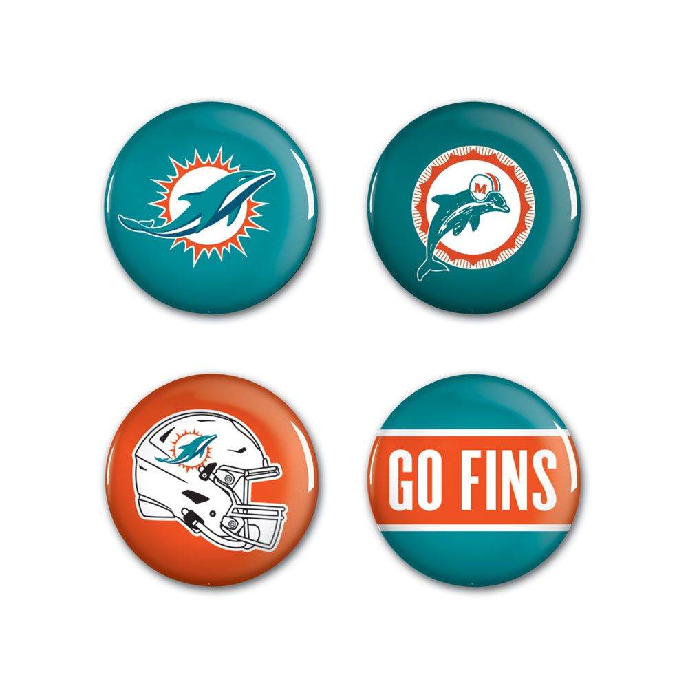 Miami Dolphins Button Pack Four Designs Logos Helmet Slogan - ToylandEU