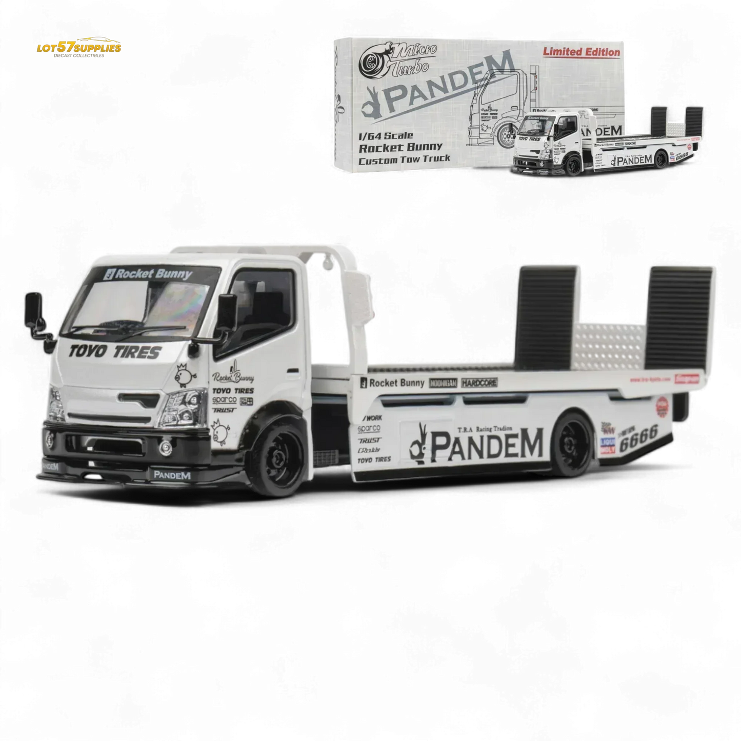MicroTurbo HINO 300 Flat Bed Transport Truck in Pandem Rocket Bunny White 1:64 - ToylandEU