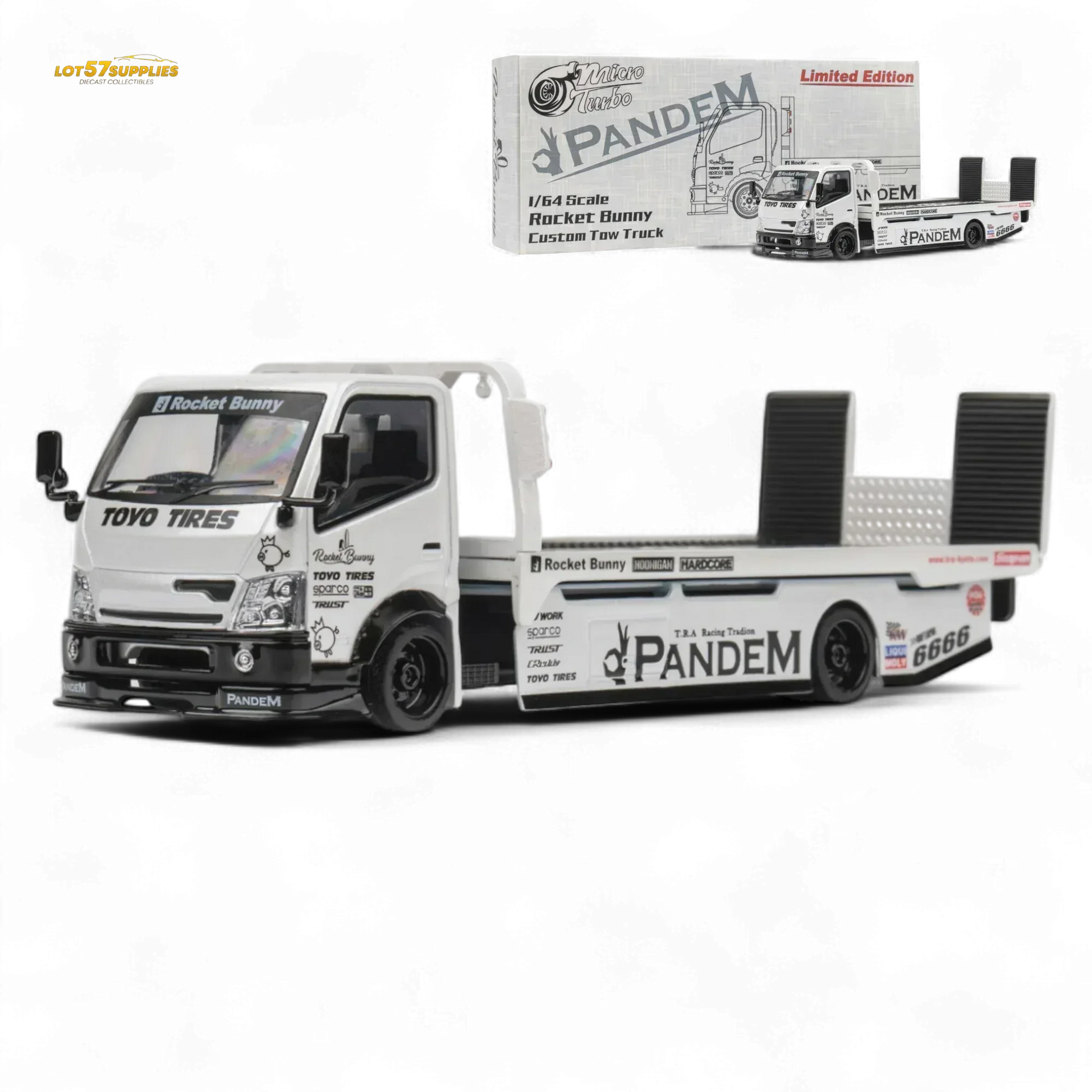 MicroTurbo HINO 300 Flat Bed Transport Truck in Pandem Rocket Bunny White 1:64 - ToylandEU