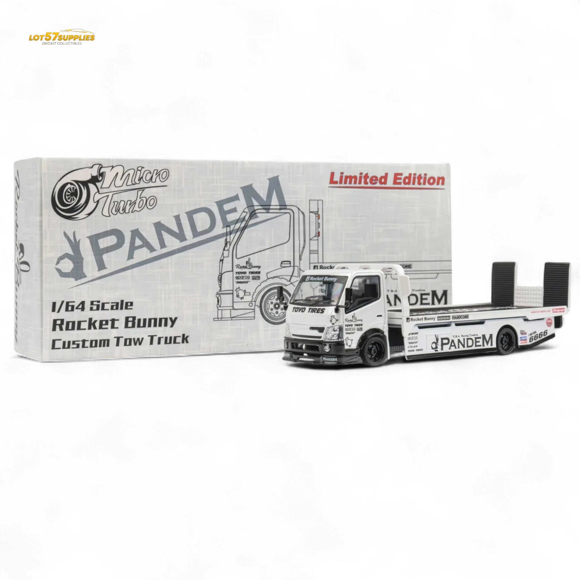 MicroTurbo HINO 300 Flat Bed Transport Truck in Pandem Rocket Bunny White 1:64 - ToylandEU