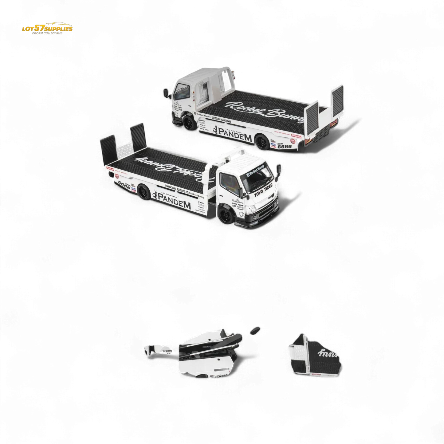 MicroTurbo HINO 300 Flat Bed Transport Truck in Pandem Rocket Bunny White 1:64 - ToylandEU
