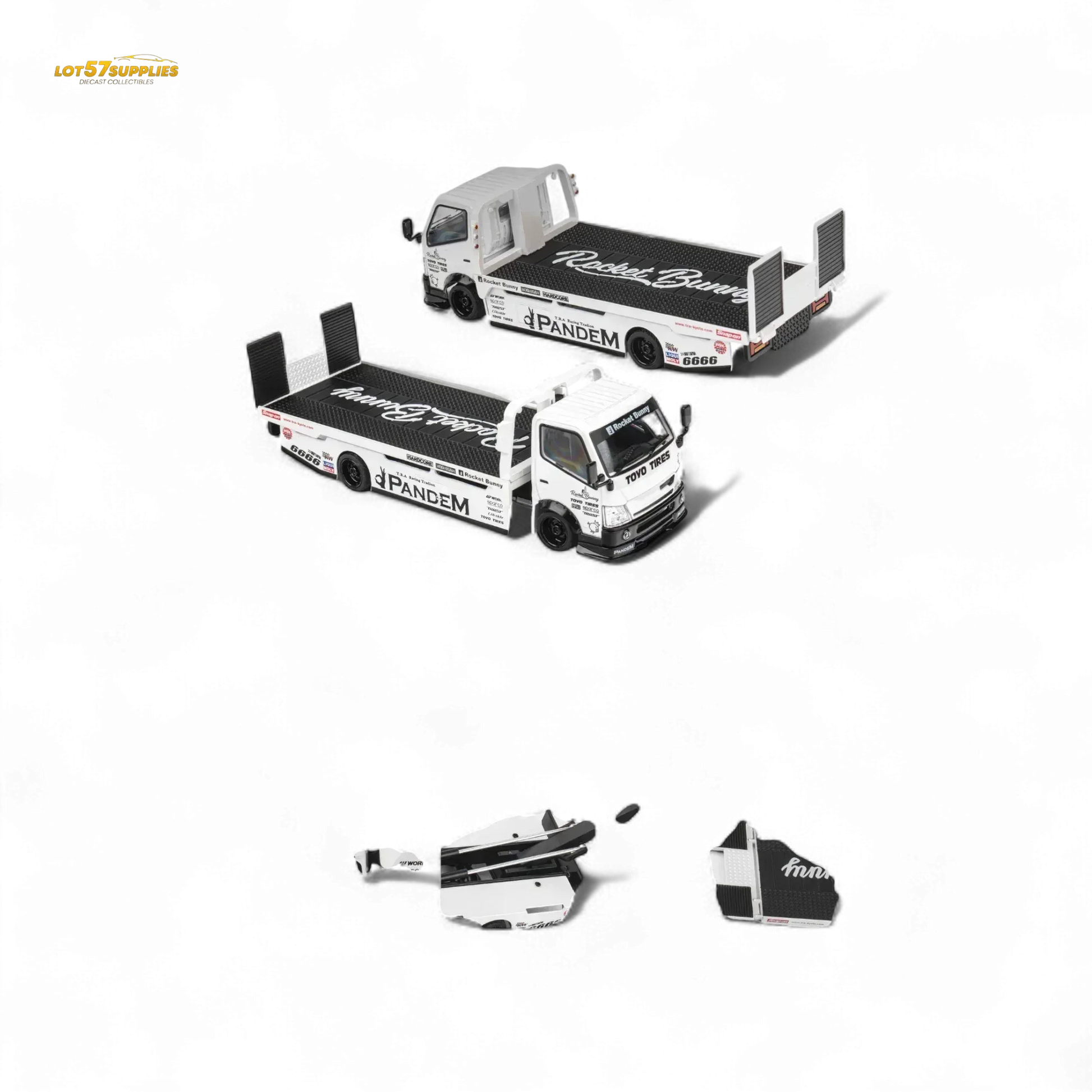 MicroTurbo HINO 300 Flat Bed Transport Truck in Pandem Rocket Bunny White 1:64 - ToylandEU