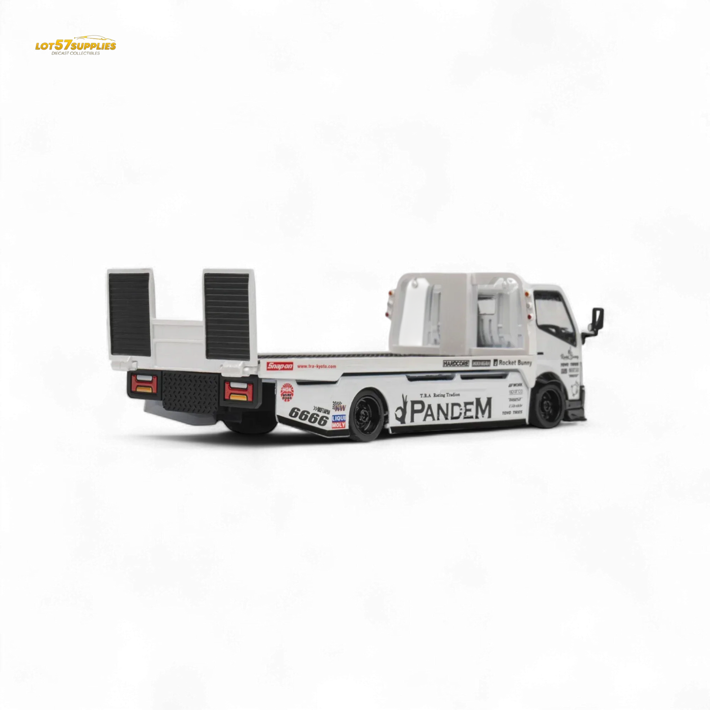 MicroTurbo HINO 300 Flat Bed Transport Truck in Pandem Rocket Bunny White 1:64 - ToylandEU