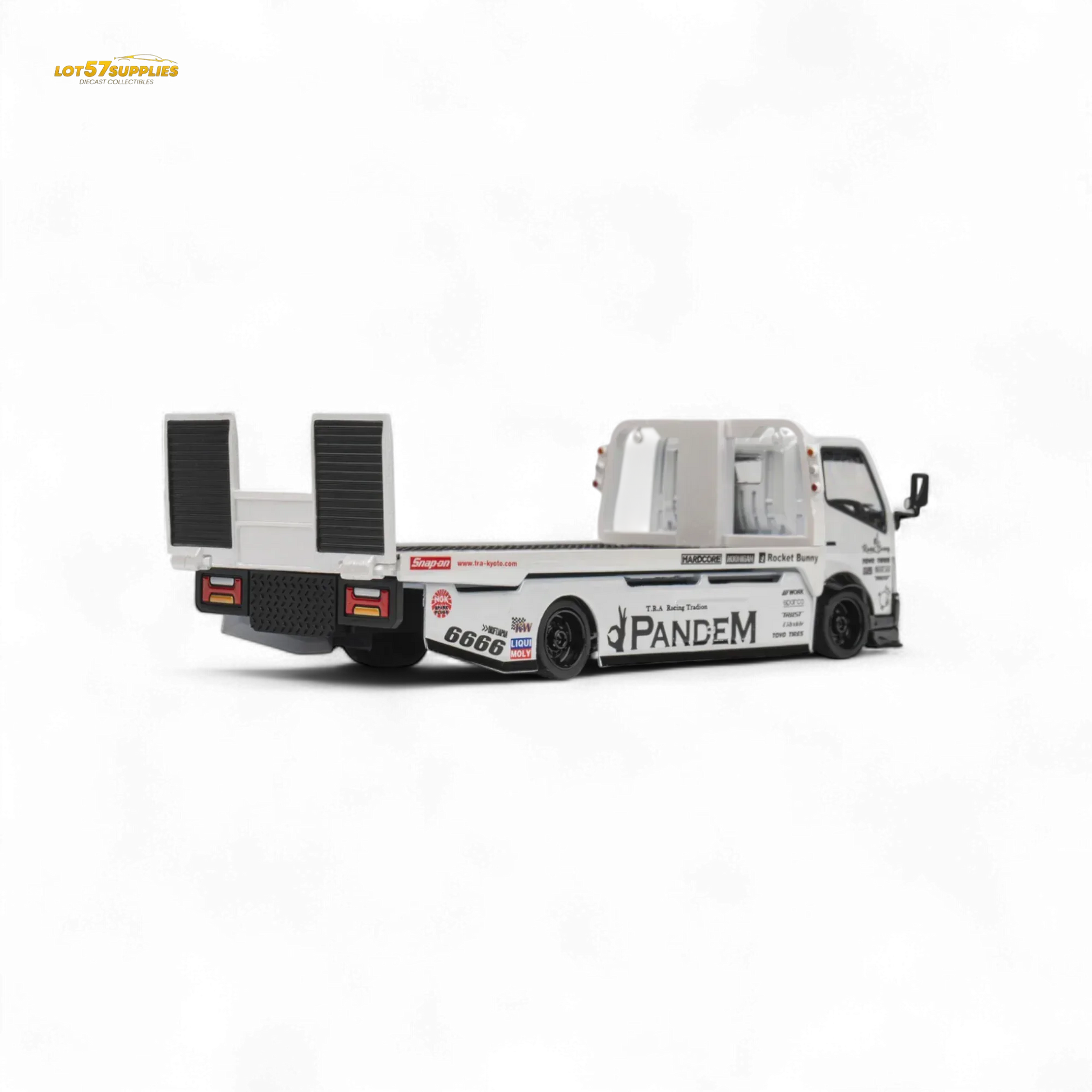 MicroTurbo HINO 300 Flat Bed Transport Truck in Pandem Rocket Bunny White 1:64 - ToylandEU