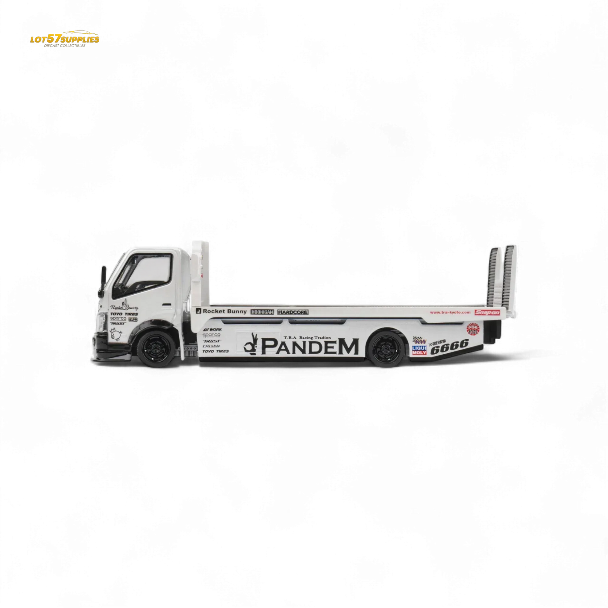 MicroTurbo HINO 300 Flat Bed Transport Truck in Pandem Rocket Bunny White 1:64 - ToylandEU