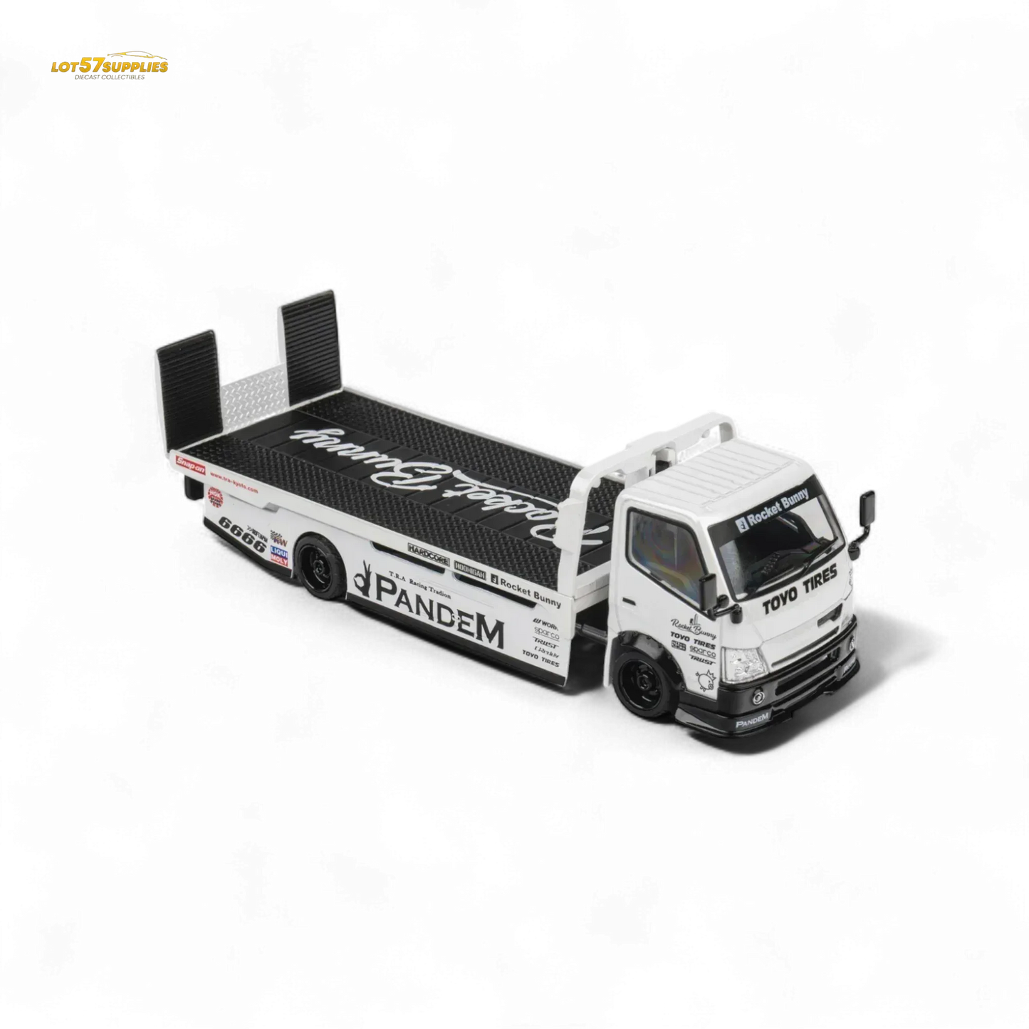 MicroTurbo HINO 300 Flat Bed Transport Truck in Pandem Rocket Bunny White 1:64 - ToylandEU