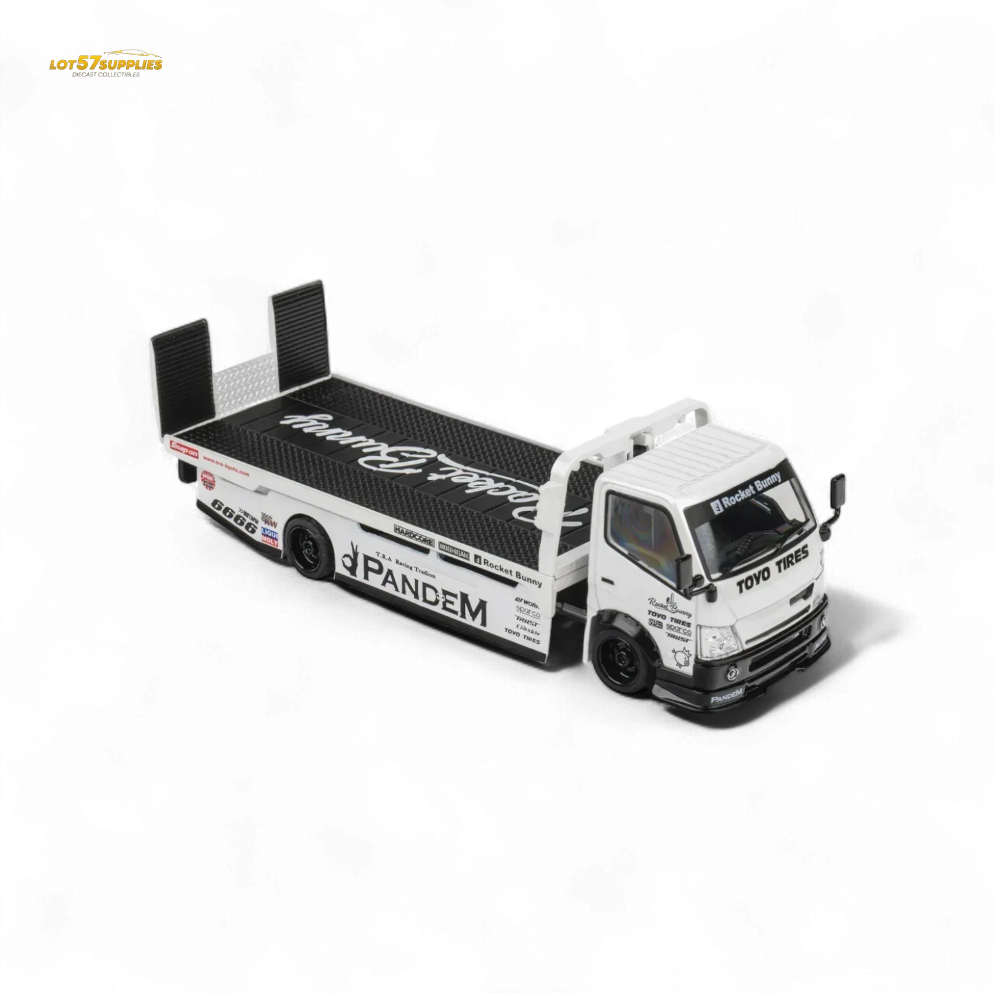 MicroTurbo HINO 300 Flat Bed Transport Truck in Pandem Rocket Bunny White 1:64 - ToylandEU