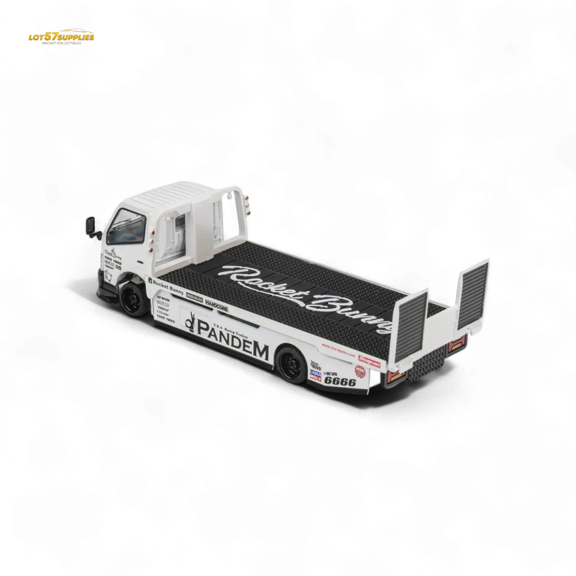 MicroTurbo HINO 300 Flat Bed Transport Truck in Pandem Rocket Bunny White 1:64 - ToylandEU