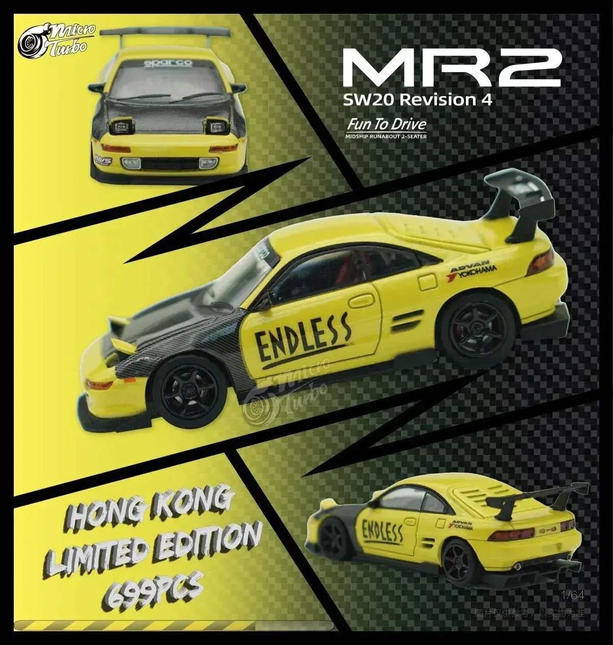 MicroTurbo Toyota MR2 Customized in Yellow ENDLESS Limited to 699 Pcs 1:64 - ToylandEU