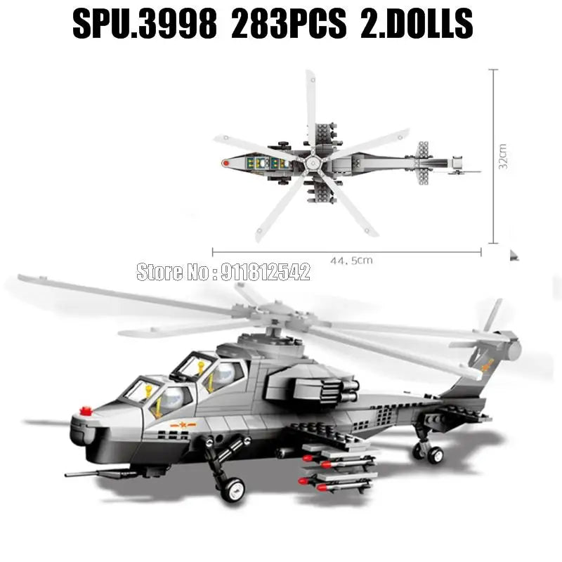 Military Wz-10 Helicopter Gunship Building Blocks Set 283 Pieces Compatible With Lego Includes Two Dolls 1 38 Scale - ToylandEU