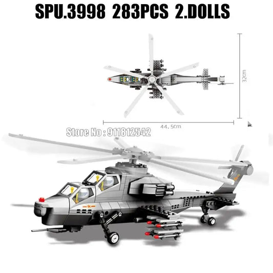 Military Wz-10 Helicopter Gunship Building Blocks Set 283 Pieces Compatible With Lego Includes Two Dolls 1 38 Scale - ToylandEU