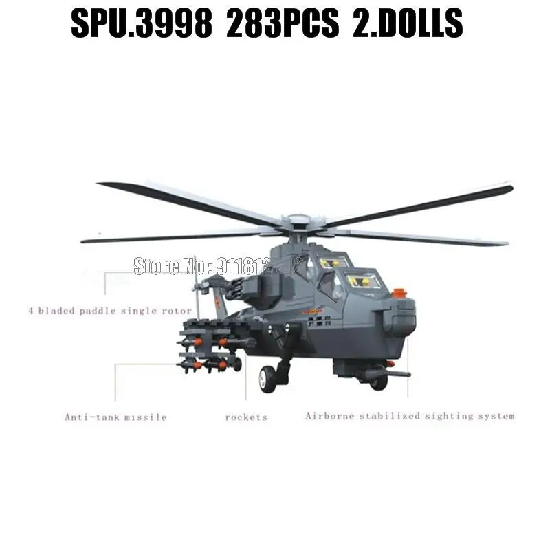 Military Wz-10 Helicopter Gunship Building Blocks Set 283 Pieces Compatible With Lego Includes Two Dolls 1 38 Scale - ToylandEU